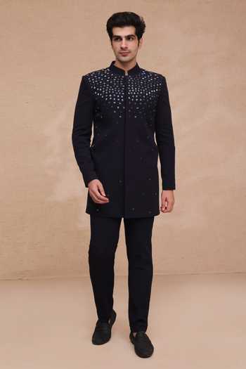 Buy Manish Nagdeo Blue Viscose Embroidery, Mirrors Hand Bandhgala And Pant Set Online at Aza Fashions Buy_Manish Nagdeo_Blue Viscose Embroidery, Mirrors Hand Bandhgala And Pant Set _Online_at_Aza_Fashions