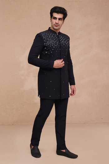Shop Manish Nagdeo Blue Viscose Embroidery, Mirrors Hand Bandhgala And Pant Set Online at Aza Fashions Shop_Manish Nagdeo_Blue Viscose Embroidery, Mirrors Hand Bandhgala And Pant Set _Online_at_Aza_Fashions