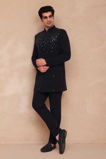 Manish Nagdeo_Blue Viscose Embroidery, Mirrors Hand Bandhgala And Pant Set _at_Aza_Fashions