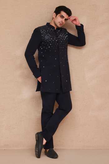 Buy Manish Nagdeo Blue Viscose Embroidery, Mirrors Hand Bandhgala And Pant Set Buy_Manish Nagdeo_Blue Viscose Embroidery, Mirrors Hand Bandhgala And Pant Set