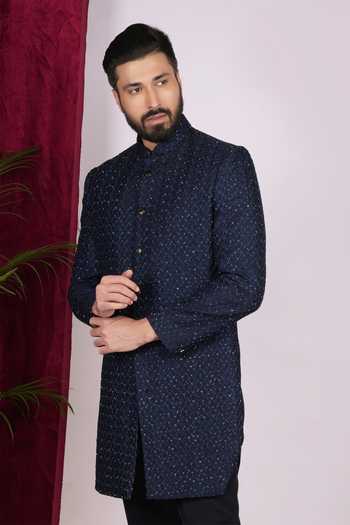 Sven Suits_Blue Silk Embroidery, Stones Bandhgala And Pant Set _Online_at_Aza_Fashions