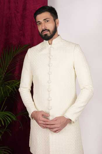 Sven Suits Off White Silk Embroidery, Stones Bandhgala And Bundi Set Online at Aza Fashions Sven Suits_Off White Silk Embroidery, Stones Bandhgala And Bundi Set _Online_at_Aza_Fashions