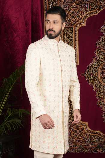 Sven Suits Off White Silk Embroidered Sherwani Set Online at Aza Fashions Sven Suits_Off White Silk Embroidered Sherwani Set _Online_at_Aza_Fashions