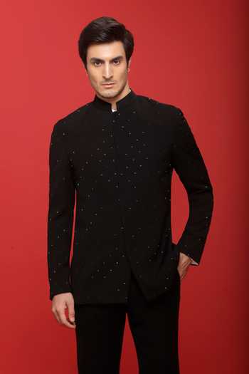 Sven Suits_Black Viscose, Polyester Embroidery, Tonal Cutdana Work Jodhpuri Bandhgala Set _Online_at_Aza_Fashions