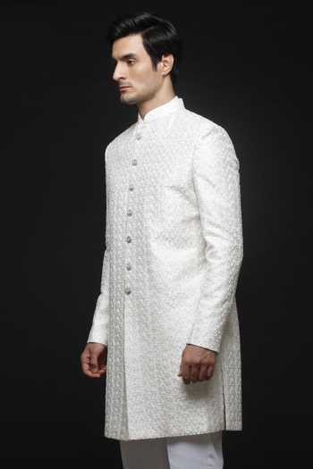 Sven Suits_White Silk Embroidered Sherwani Set _Online_at_Aza_Fashions