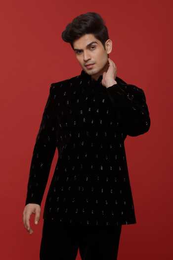 Sven Suits Black Embroidered Bandhgala Set