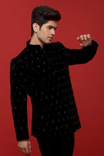 Sven Suits_Black Viscose, Polyester Embroidery, Stones Bandhgala Set _Online_at_Aza_Fashions