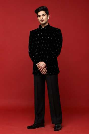 Sven Suits Black Embroidered Bandhgala Set