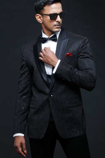 Sven Suits_Black Viscose, Polyester Tonal Stone Embroidered Tuxedo Suit Set _Online_at_Aza_Fashions