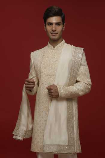 Sven Suits Off-White Embroidered Sherwani Set 