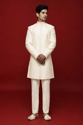 Sven Suits Off-White Embroidered Sherwani & Pant Set 