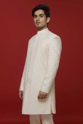 Buy_Sven Suits_Ivory Silk Off-white Embroidered Sherwani And Pant Set _Online_at_Aza_Fashions