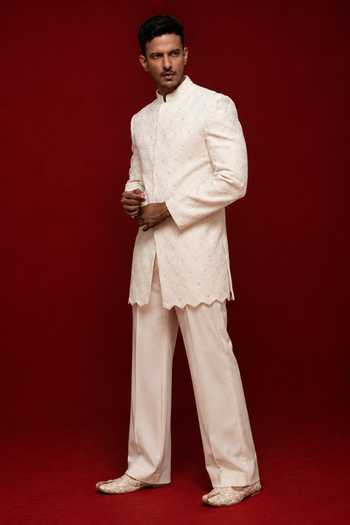 Sven Suits Off-White Embroidered Bandhgala Pant Set 