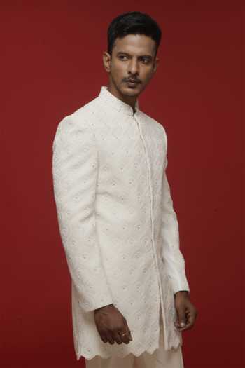 Sven Suits Off-White Embroidered Bandhgala Pant Set 