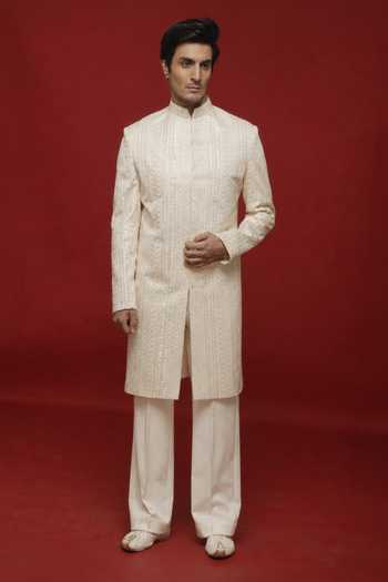 Sven Suits Off-White Embroidered Sherwani & Pant Set 