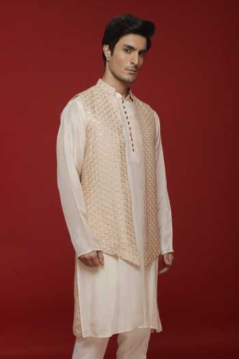 Sven Suits Silk Embroidered Bundi Kurta Set 