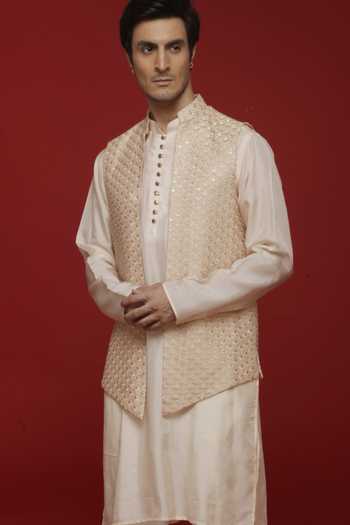 Buy Sven Suits Beige Silk Embroidered Bundi Kurta Set Online at Aza Fashions Buy_Sven Suits_Beige Silk Embroidered Bundi Kurta Set _Online_at_Aza_Fashions