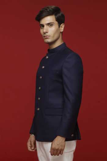 Sven Suits_Blue Polyester Jodhpuri Bandhgala And Pant Set _Online_at_Aza_Fashions
