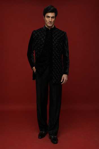 Sven Suits Black Embroidered Bandhgala & Bundi Set 