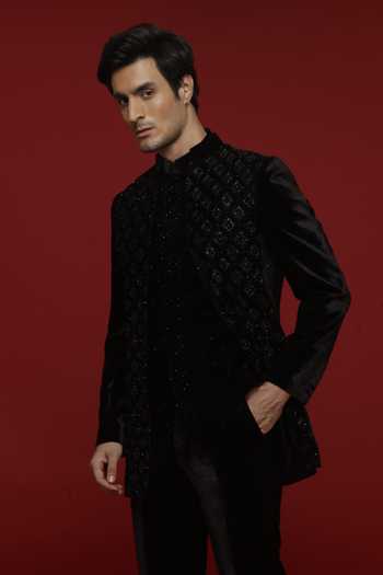 Buy_Sven Suits_Black Polyester Embroidery Bandhgala And Bundi Set _Online_at_Aza_Fashions