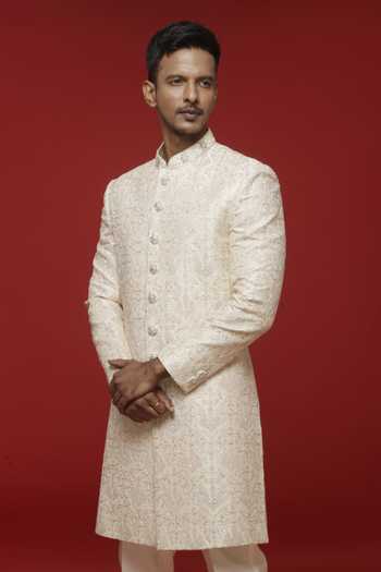 Buy_Sven Suits_Off White Silk Embroidered Sherwani Set _Online_at_Aza_Fashions