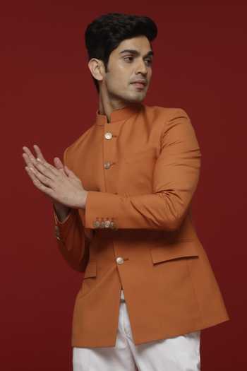 Buy Sven Suits White Polyester Orange Jodhpuri Bandhgala And Pant Set Online at Aza Fashions Buy_Sven Suits_White Polyester Orange Jodhpuri Bandhgala And Pant Set _Online_at_Aza_Fashions