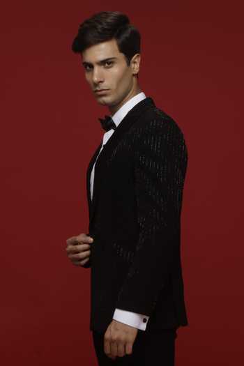 Sven Suits_Black Polyester Tonal Embroidered Tuxedo Suit Set _Online_at_Aza_Fashions