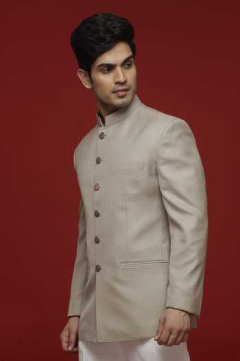Buy Sven Suits Grey Polyester Khaki Jodhpuri Bandhgala Set Online at Aza Fashions Buy_Sven Suits_Grey Polyester Khaki Jodhpuri Bandhgala Set _Online_at_Aza_Fashions