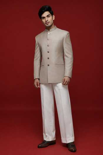 Sven Suits Khaki Grey Jodhpuri Bandhgala Set 