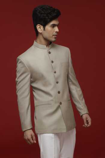 Sven Suits Khaki Grey Jodhpuri Bandhgala Set 