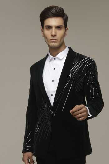 Sven Suits Black Linear Embroidered Tuxedo Suit Set 