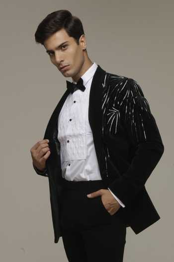 Buy_Sven Suits_Black Polyester Linear Embroidered Tuxedo Suit Set _Online_at_Aza_Fashions