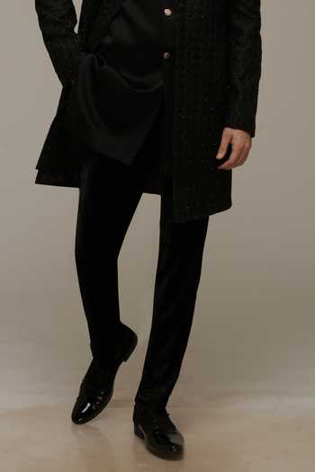 Sven Suits_Black Polyester Tonal Embroidered Sherwani Set _Online_at_Aza_Fashions