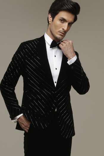 Buy_Sven Suits_Black Polyester Linear Cutdana Embroidered Tuxedo Suit Set _Online_at_Aza_Fashions