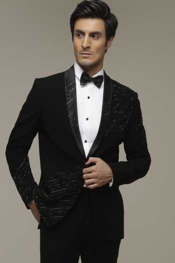 Buy_Sven Suits_Black Polyester Cutdana Embroidered Tuxedo Suit Set _Online_at_Aza_Fashions