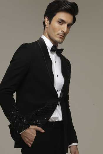 Buy_Sven Suits_Black Polyester Embroidered Tuxedo Suit Set _Online_at_Aza_Fashions
