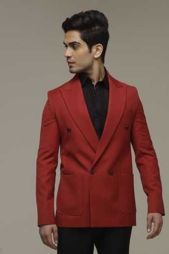 Buy_Sven Suits_Red Polyester Lapel Blazer And Pant Set _Online_at_Aza_Fashions