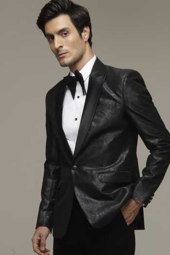 Buy_Sven Suits_Black Polyester Metallic Tuxedo Suit Set _Online_at_Aza_Fashions