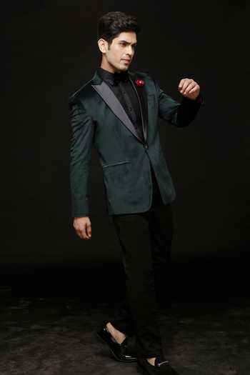 Buy_Sven Suits_Green Polyester Micro Velvet Tuxedo Set _Online_at_Aza_Fashions