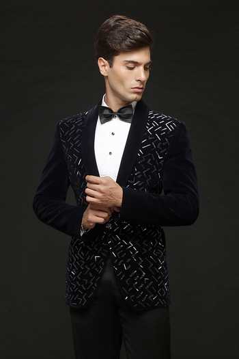 Sven Suits_Black Polyester Geometric Embroidered Tuxedo Set _Online_at_Aza_Fashions