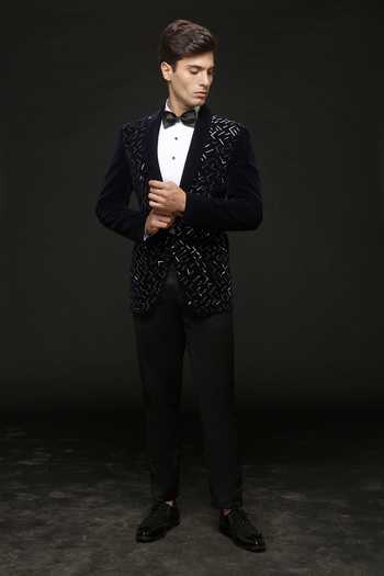 Buy_Sven Suits_Black Polyester Geometric Embroidered Tuxedo Set _Online_at_Aza_Fashions