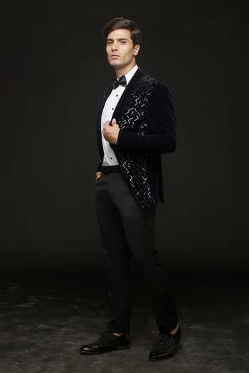 Shop_Sven Suits_Black Polyester Geometric Embroidered Tuxedo Set _Online_at_Aza_Fashions