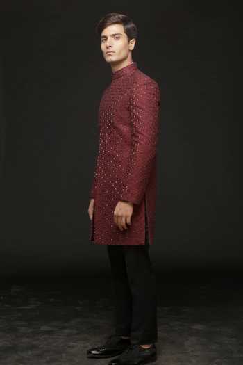 Sven Suits_Maroon Silk Embroidered Sherwani And Pant Set _Online_at_Aza_Fashions