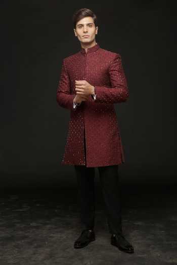 Sven Suits Maroon Embroidered Sherwani & Pant Set 