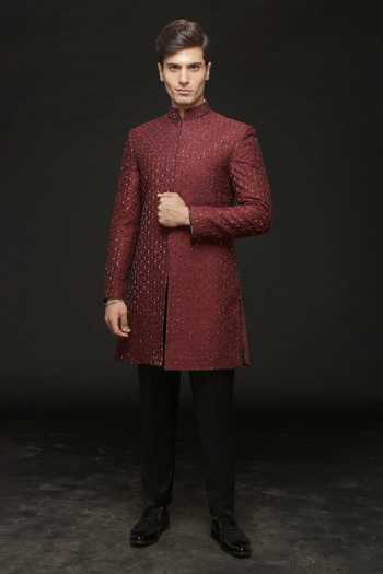 Sven Suits Maroon Embroidered Sherwani & Pant Set 