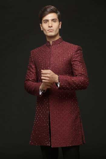 Buy_Sven Suits_Maroon Silk Embroidered Sherwani And Pant Set _Online_at_Aza_Fashions