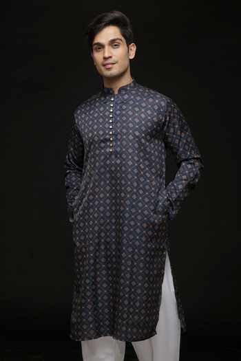 Sven Suits_Blue Polyester Printed Kurta And Pyjama Set _Online_at_Aza_Fashions