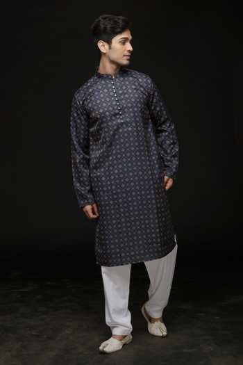 Buy_Sven Suits_Blue Polyester Printed Kurta And Pyjama Set _Online_at_Aza_Fashions