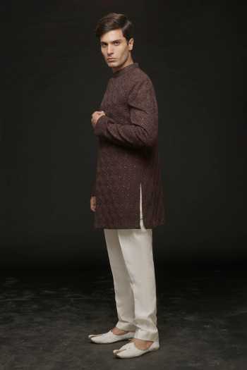 Sven Suits_Maroon Silk Geometric Embroidered Sherwani Set _Online_at_Aza_Fashions