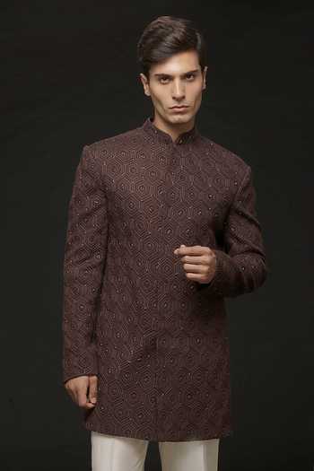 Buy_Sven Suits_Maroon Silk Geometric Embroidered Sherwani Set _Online_at_Aza_Fashions
